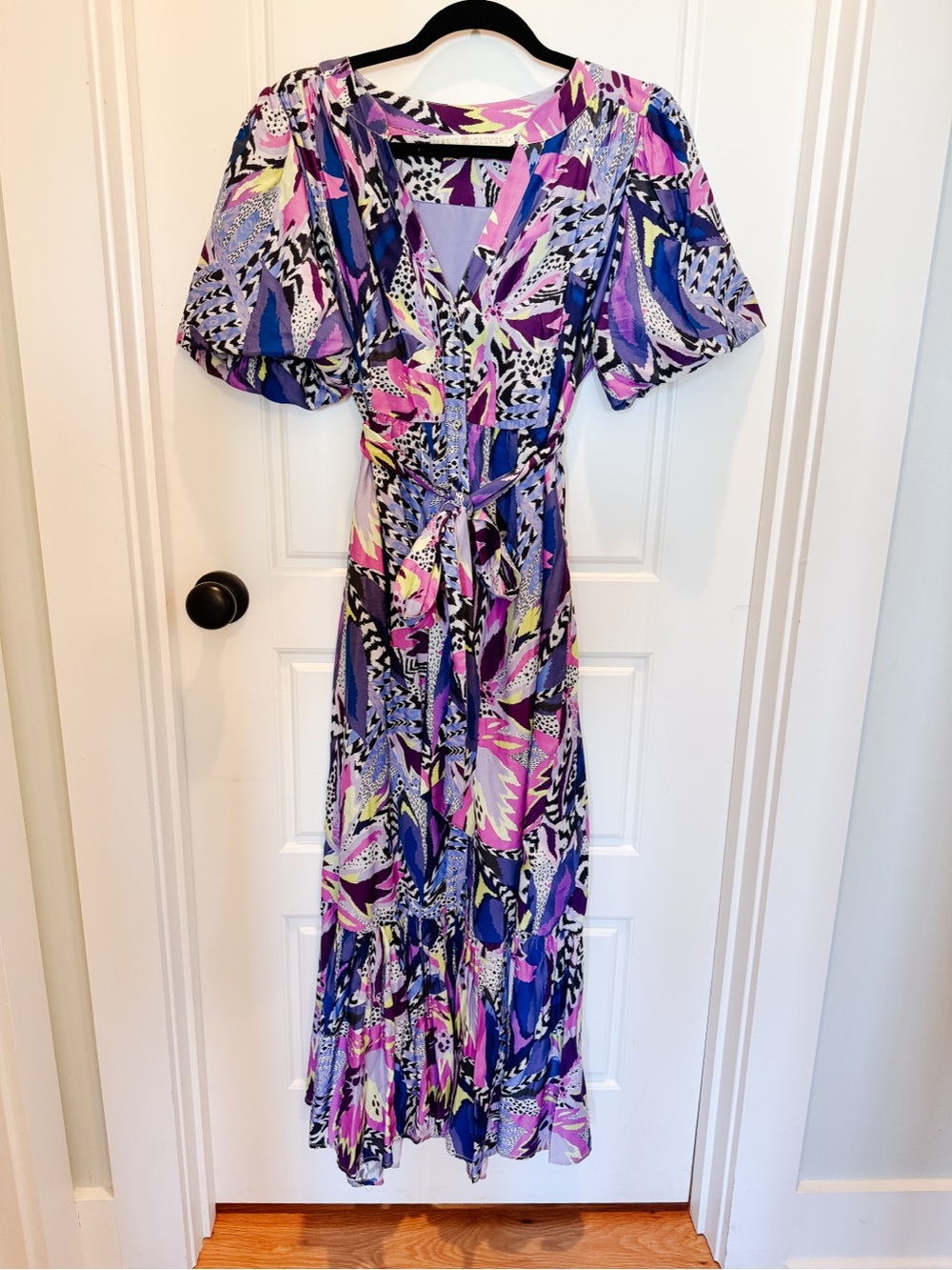 Marie Oliver Purple Floral Midi Button Front Tie Shirtdress Kali Abstract Print